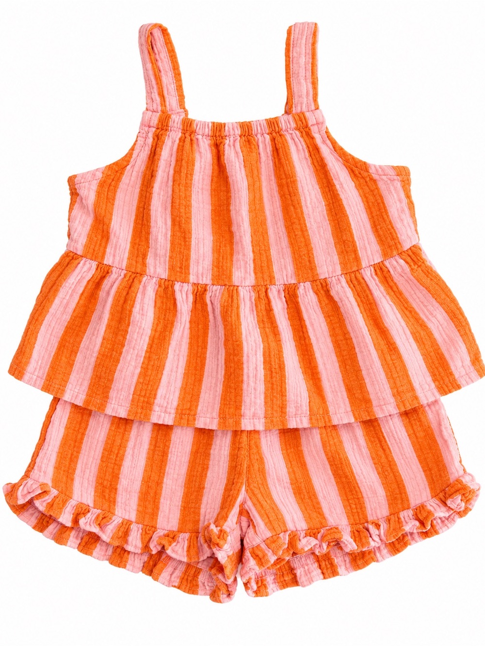 Crewcuts Girls Pink Orange Striped Gauze Top & Shorts Set Size 6-7